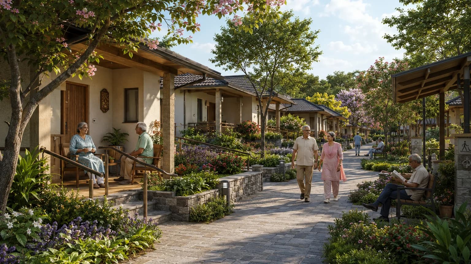 Illustrative concept of walkable studio residences connected by landscaped community spaces.